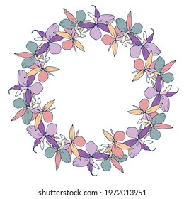 Vector isolated design botanical cute garland floral vignette in pastel pink and blue colors. Cute circle frame on a white background. Perfect for cards, postcards, wedding and graduation invitations