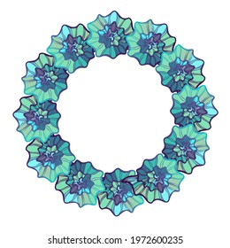 Vector isolated design botanical cute garland floral vignette in pastel blue tones. Cute circle frame on a white background. Perfect for cards, postcards, wedding and graduation invitations