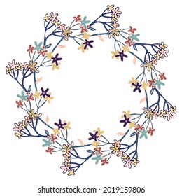 Vector isolated design botanical cute garland floral vignette in pastel colors. Cute circle frame on a white background. Perfect for cards, postcards, wedding and graduation invitations
