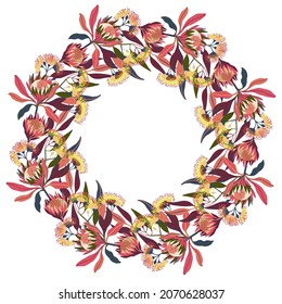 Vector isolated design botanical cute garland floral vignette of protea and eucalyptus flowers in pastel colors. Cute circle frame on a white background. Perfect for cards, postcards, invitations
