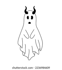 Vector isolated devil ghost under white sheet with horns colorless black and white contour line easy drawing