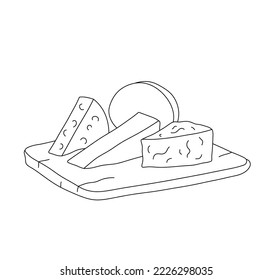 Vector isolated different types of cheese plate set on wooden cutting serving board colorless black and white contour line easy drawing