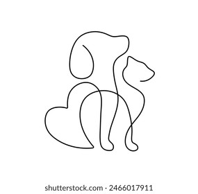 Vector isolated dog and cat one single contemporary line art colorless black and white contour line easy drawing