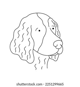 Vector aislado perro perrito espaniel cabeza volteada hacia la cara derecha retrato muzzle vista frontal incolora línea contorno negro y blanco fácil dibujo