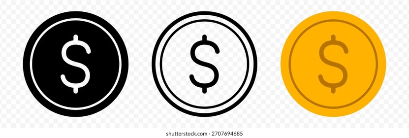 Vector aislado icono de la moneda del dólar en color negro y amarillo