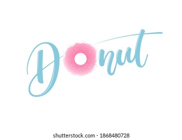 Vector isolated Donut logo, handwritten lettering, blue word with a round insert of pink glaze with multi-colored sprinkles.