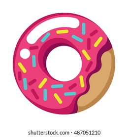 Vector Isolated donut. Vector modern flat geometric donuts on white background. For logo, sticker, label, icon or favicon. Glazed cool donuts with topping. Tasty pink sign for bakery menu.