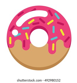 Vector Isolated donut. Modern flat geometric donuts on white background. For logo, sticker, label, or favicon. Glazed cool desserts with topping. Tasty pink sign for bakery menu. Icon for sweets