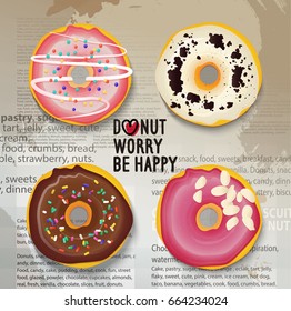 Vector isolated donuts collection on newspaper cover. 4 different flavors of donuts: chocolate strawberry, with sprinkling. Bakery sweets poster.