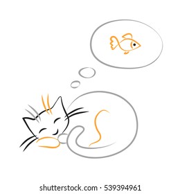 Vector isolated doodle cartoon style illustration of a happy sleeping cat dreaming of a golden fish.