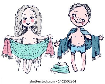 Vector isolated doodle cartoon towel, boy and girl, soap, hand drawn style