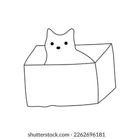 Vector isolated doodle cat sitting in a box colorless black and white contour line easy drawing