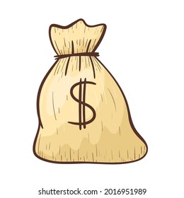 Vector isolated doodle cowboy image. Line art bag with gold or money, coins.