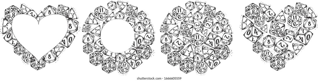 Vector isolated doodle dices, love heart and circle, monochrome, hand drawn style