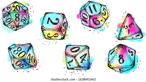 Vector isolated doodle dices, in watercolor pastel neon, multicolored hand drawn tattoo engraving style