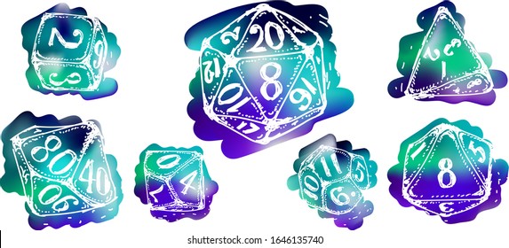 Vector isolated doodle dices, in watercolor pastel neon, multicolored hand drawn tattoo engraving style