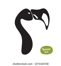 Vector isolated doodle drawn flamingo silhouette on white background. Beautiful exotic bird of the Amazon rain forest.
