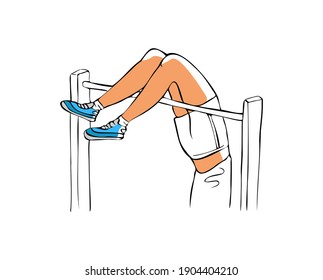 El doodle aislado vectorial ilustra con pies de atleta saltando sobre obstáculos en el concepto de zapatos deportivos de alta altura.