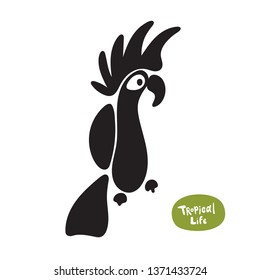 Vector isolated doodle drawn parrot silhouette on white background. Beautiful exotic bird of the Amazon rain forest.