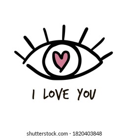 El ojo de garabato aislado del vector con el corazón. Texto "Te amo". Gráficos simples.