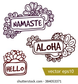 Vector isolated doodle greeting signs with flower patterns in multiple languages. Stock illustration for design on white background