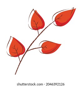 Vector isolated doodle illustration of autumn branch with red dry leaves.