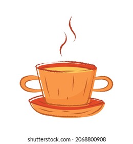 Vector isolated doodle illustration of a cup of hot coffee or tea on a saucer.