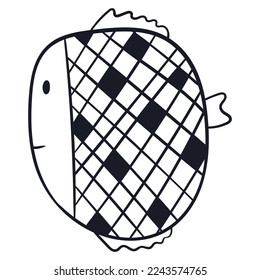 Vector isolated Doodle illustration of Fish. Black and white image for children coloring.