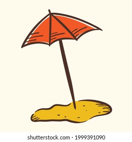 Vector isolated doodle image. Beach umbrella on the sand. Summer sticker, design element on the theme of sea or ocean holidays.