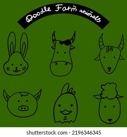 Vector isolated doodle style farm animals icons set. Cute hand drawn collection of animal heads