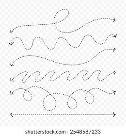 Vector isolated dotted curly arrows set on a transparent background