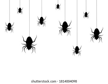 Vector isolated drawing with hanging spiders for decoration and covering. Creepy Halloween background. Black.