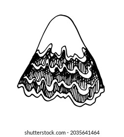 vector isolated drawing of a mountain with a pattern of wavy lines and strokes. hand-drawn hills in the sketch style are black isolated by a line on a white background for the template design. 