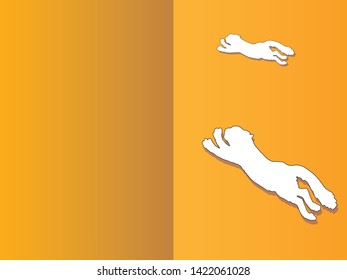 vector isolated drawing of silhouettes of two running and jumping white fluffy cats on a colored orange background. postcard.  style "Paper Cut" 