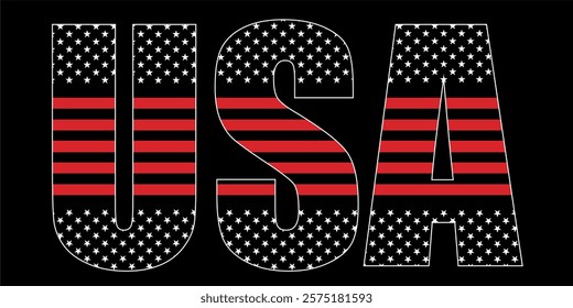 Vector isolated drawing for t-shirt with inscription 
of name of country of usa on background 
of national united states flag. Pattern for fabric, paper, 
clothing. American flag font. Mockup t shirt.