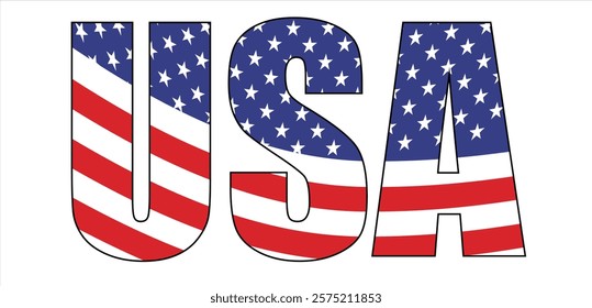 Vector isolated drawing for t-shirt with inscription 
of name of country of usa on background 
of national united states flag. Pattern for fabric, paper, 
clothing. American flag font. Mockup t shirt.