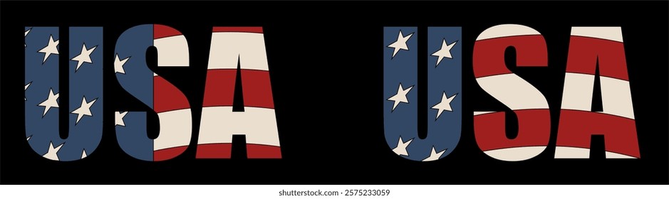 Vector isolated drawing for t-shirt with inscription 
of name of country of usa on background 
of national united states flag. Pattern for fabric, paper, 
clothing. American flag font. Mockup t shirt.