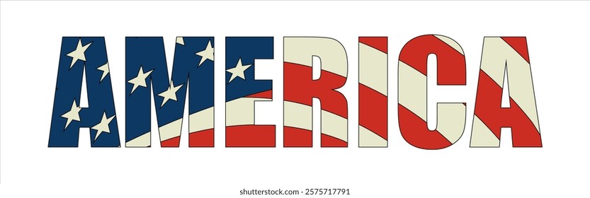 Vector isolated drawing for t-shirt with inscription 
of name of country of america on background 
of national united states flag. Pattern for fabric, 
paper, clothing. USA flag font. Mockup t shirt.