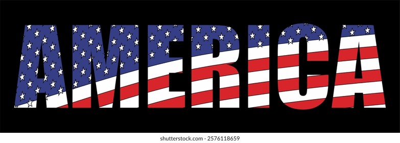 Vector isolated drawing for t-shirt with inscription 
of name of country of america on background 
of national united states flag. Pattern for fabric, 
paper, clothing. USA flag font. Mockup t shirt.