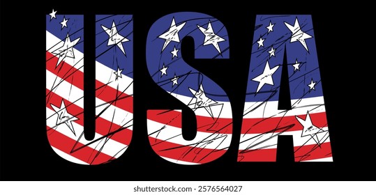 Vector isolated drawing for t-shirt with inscription 
of name of country of usa on background 
of national united states flag. Pattern for fabric, paper, 
clothing. American flag font. Mockup t shirt.