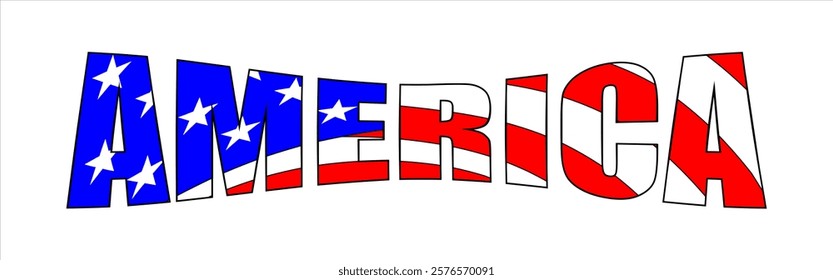 Vector isolated drawing for t-shirt with inscription 
of name of country of america on background 
of national united states flag. Pattern for fabric, 
paper, clothing. USA flag font. Mockup t shirt.