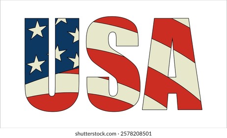 Vector isolated drawing for t-shirt with inscription of name of country of usa on background of national united states flag. Pattern for fabric, paper, clothing. American flag font. Mockup t shirt.