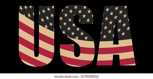 Vector isolated drawing for t-shirt with inscription of name of country of usa on background of national united states flag. Pattern for fabric, paper, clothing. American flag font. Mockup t shirt.