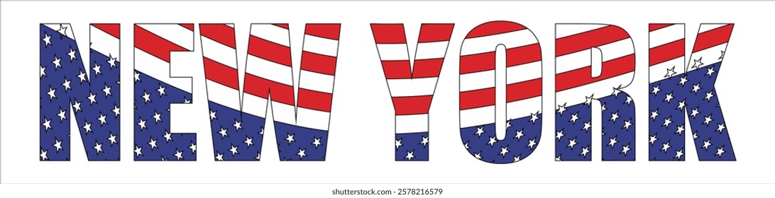 Vector isolated drawing for t-shirt with inscription of name of New York city on background of national united states flag. Pattern for fabric, paper, clothing. USA font. Mockup america t shirt.