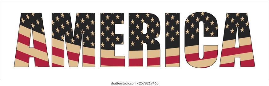 Vector isolated drawing for t-shirt with inscription of name of country of america on background of national united states flag. Pattern for fabric, paper, clothing. USA flag font. Mockup t shirt.