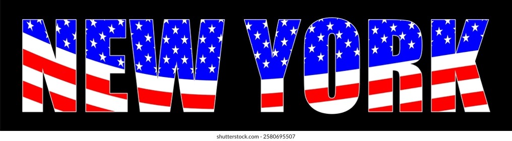 Vector isolated drawing for t-shirt with inscription of name of New York city on background of national united states flag. Pattern for fabric, paper, clothing. USA font. Mockup america t shirt.