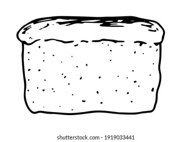 Vector isolated drawing of a whole loaf of bread brick side view, drawn in doodle style with black line texture dots for bakery design template and bread packaging and label