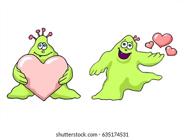 Vector  isolated  drawings of green monsters in love