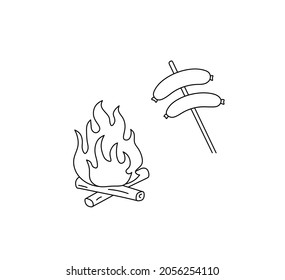 Vector isolated drawn campfire and sausages on a skewer. Cooking over a campfire drawing, field kitchen icon, logotype, symbol. 