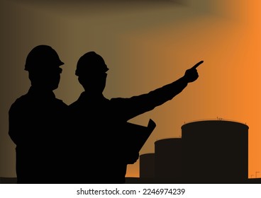 Vector isolated of Drilling engineer and Petroleum engineer silhouette oil refinery storage tank on background, oil, energy, gasoline concept.

